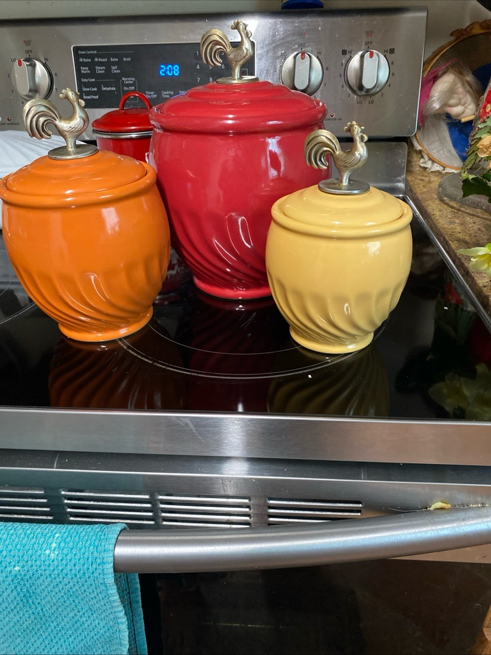 Three-Piece Ceramic Canister Set in Red, Orange & Yellow with Rooster Finials